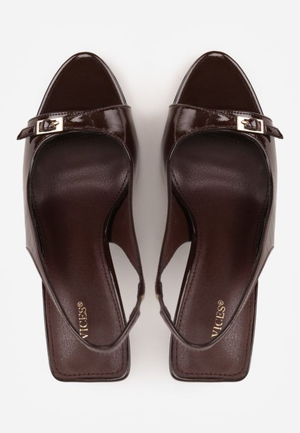 Renee - Brązowe Sandały Lakierowane VICES na Szpilce Slingback z Metaliczną Klamrą Harmonia. Zapięcie: klamry. Kolor: brązowy. Materiał: lakier. Obcas: na szpilce. Styl: elegancki, glamour