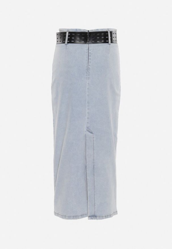 Born2be - Jasnoniebieska Midi Spódnica Ołówkowa Jeansowa z Bawełny z Ażurowym Paskiem Verailla. Kolor: niebieski. Materiał: bawełna, jeans. Wzór: ażurowy. Styl: elegancki