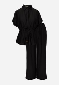 Renee - Czarny Komplet z Wiskozy Spodnie Wide Leg i Bluzka ze Ściągaczem w Talii Daemnell. Kolor: czarny. Materiał: wiskoza #3