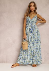 Renee - Niebieska Sukienka Auxeris. Kolor: niebieski. Materiał: wiskoza. Długość rękawa: na ramiączkach. Wzór: nadruk, kwiaty, kolorowy. Typ sukienki: kopertowe #2
