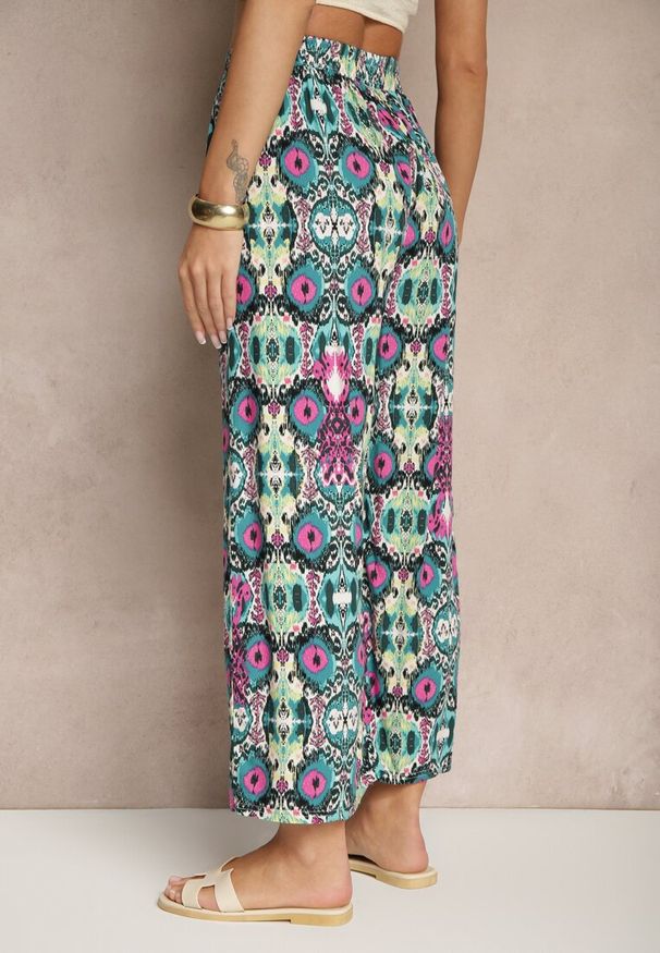 Renee - Zielono-Różowe Bawełniane Spodnie High Waist Szerokie we Wzór Boho Tolioria. Okazja: do pracy, na co dzień. Stan: podwyższony. Kolor: zielony. Materiał: bawełna. Styl: boho