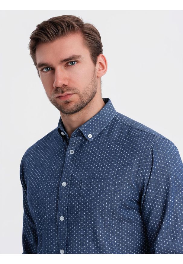 Ombre Clothing - Wzorzysta męska koszula z cienkiego jeansu z kieszonką – niebieska V2 - Rozmiar: XL. Okazja: na co dzień. Kolor: niebieski. Materiał: jeans. Wzór: gładki. Styl: klasyczny, casual