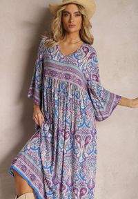 Renee - Niebiesko-Fioletowa Rozkloszowana Sukienka we Wzór Paisley z Rękawem 3/4 Briarwa. Okazja: na co dzień. Kolor: niebieski. Wzór: paisley. Styl: casual, elegancki