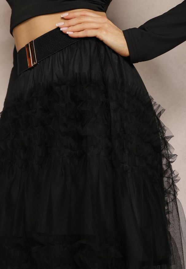 Renee - Czarna Spódnica Rozkloszowana z Falbankami i Siateczką Solowai. Kolor: czarny. Wzór: aplikacja