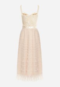 Born2be - Jasnobeżowa Sukienka Maxi na Ramiączkach z Gorsetową Górą i Tiulowymi Falbanami Encartia. Typ kołnierza: dekolt gorset. Kolor: beżowy. Materiał: tiul. Długość rękawa: na ramiączkach. Typ sukienki: gorsetowe. Długość: maxi #4