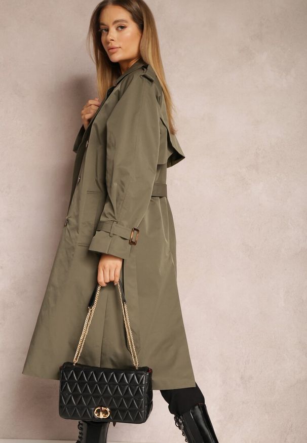 Renee - Ciemnozielony Płaszcz Trencz Dwurzędowy z Paskiem Lene. Okazja: na co dzień. Kolor: zielony. Materiał: jeans. Styl: klasyczny, casual