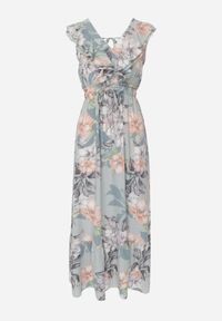 Renee - Miętowa Rozkloszowana Sukienka w Kwiatowy Wzór z Falbanami i Wiązaniem Kerna. Typ kołnierza: kołnierz z falbankami. Kolor: miętowy. Materiał: materiał. Długość rękawa: bez rękawów. Wzór: kwiaty. Długość: maxi #3