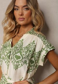 Renee - Zielono-Beżowa Sukienka Boho na Guziki z Wiskozą Ozdobiona Paskiem Mosofia. Okazja: na co dzień. Kolor: zielony. Materiał: wiskoza. Wzór: aplikacja. Sezon: lato. Typ sukienki: proste. Styl: boho #5