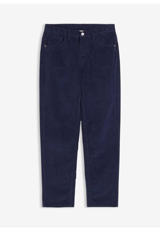 bonprix - Spodnie sztruksowe regular fit z bawełny z domieszką stretchu, straight. Kolor: niebieski. Materiał: bawełna, sztruks