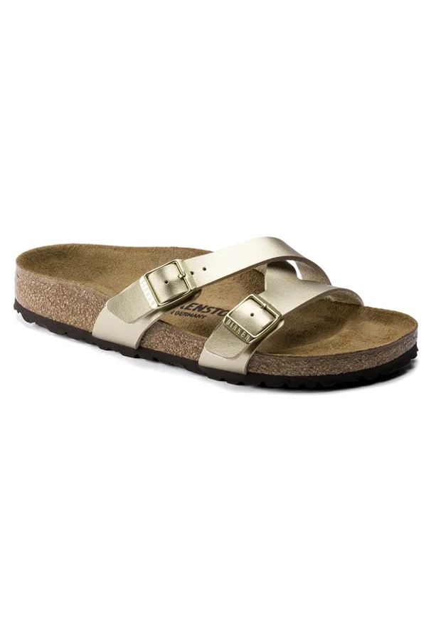 Birkenstock - BIRKENSTOCK Yao Balance BF Gold Klapki damskie. Okazja: na co dzień. Kolor: złoty. Materiał: materiał, skóra. Wzór: paski. Sezon: lato. Styl: casual, elegancki, wakacyjny, klasyczny