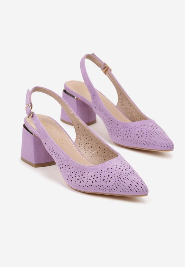 Renee - Fioletowe Sandały Vices na Słupku Slingback ze Skórzaną Wkładką i Ażurowym Wzorem Iffinira. Zapięcie: sprzączka. Kolor: fioletowy. Materiał: skóra. Wzór: ażurowy. Sezon: lato. Obcas: na słupku. Wysokość obcasa: średni