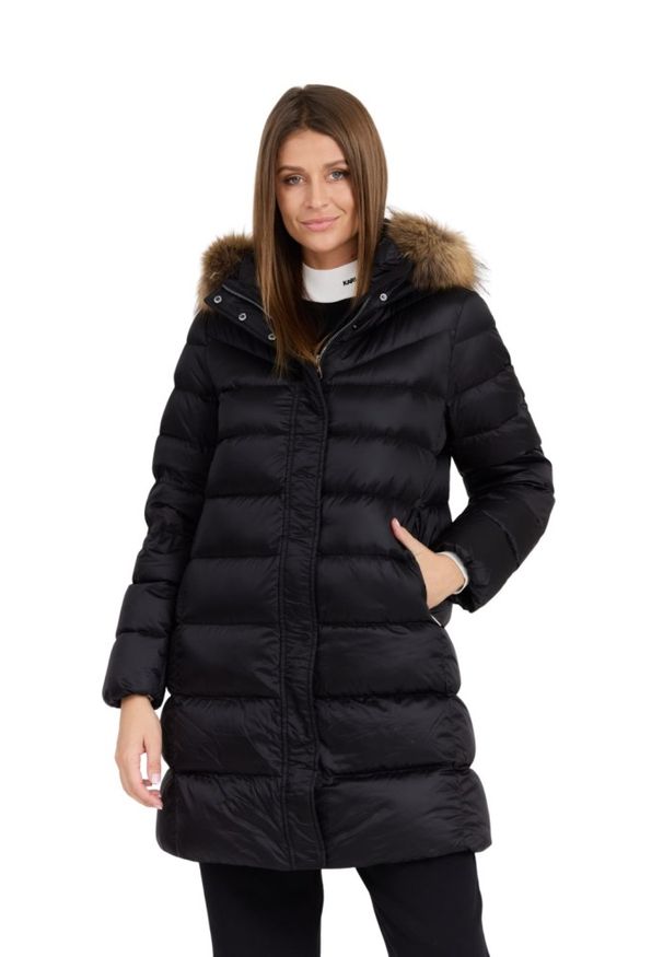 Hetrego - HETREGO Czarna damska kurtka puchowa Leonie Quilted Woman Jacket With Detached Hood, Rozmiar 40 EU - 44 IT. Okazja: na co dzień. Kolor: czarny. Materiał: puch. Długość rękawa: długi rękaw. Długość: długie. Styl: casual