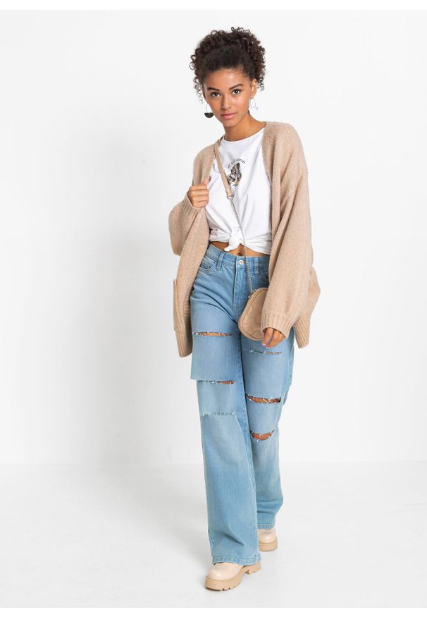 bonprix - Sweter bez zapięcia oversized. Kolor: beżowy