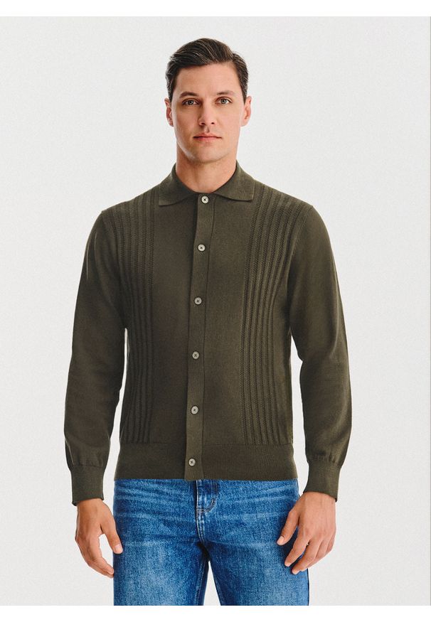Pako Lorente - PAKO LORENTE - Bawełniany kardigan w kolorze zielonym. Okazja: na co dzień. Typ kołnierza: polo. Kolor: niebieski, zielony. Materiał: bawełna. Sezon: jesień. Styl: casual
