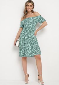 Born2be - Zielona Bawełniana Sukienka z Dekoltem Typu Hiszpanka i Lekką Falbanką Hannesia. Okazja: na co dzień. Typ kołnierza: dekolt hiszpanka. Kolor: zielony. Materiał: bawełna. Sezon: wiosna, lato. Styl: casual, elegancki. Długość: mini #2