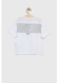 EA7 Emporio Armani t-shirt bawełniany dziecięcy kolor biały z nadrukiem. Kolor: biały. Materiał: bawełna. Wzór: nadruk #3