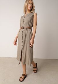 Born2be - Zielona Taliowana Sukienka z Bawełną i Wiskozą Ozdobiona Paskiem Luven. Okazja: na co dzień. Kolor: zielony. Materiał: wiskoza, bawełna. Wzór: aplikacja. Typ sukienki: proste. Styl: casual, elegancki #6