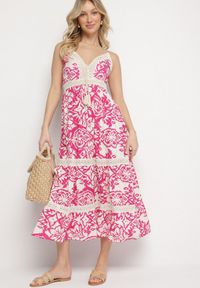 Born2be - Różowa Bawełniana Sukienka Rozkloszowana w Etniczny Wzór z Koronką Taliosha. Okazja: na co dzień. Typ kołnierza: dekolt w kształcie V. Kolor: różowy. Materiał: bawełna, koronka. Długość rękawa: na ramiączkach. Wzór: koronka. Styl: casual, elegancki #2
