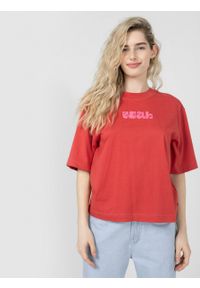 outhorn - T-shirt z nadrukiem damski - czerwony. Okazja: na co dzień. Kolor: czerwony. Materiał: dzianina, bawełna. Wzór: nadruk. Styl: casual
