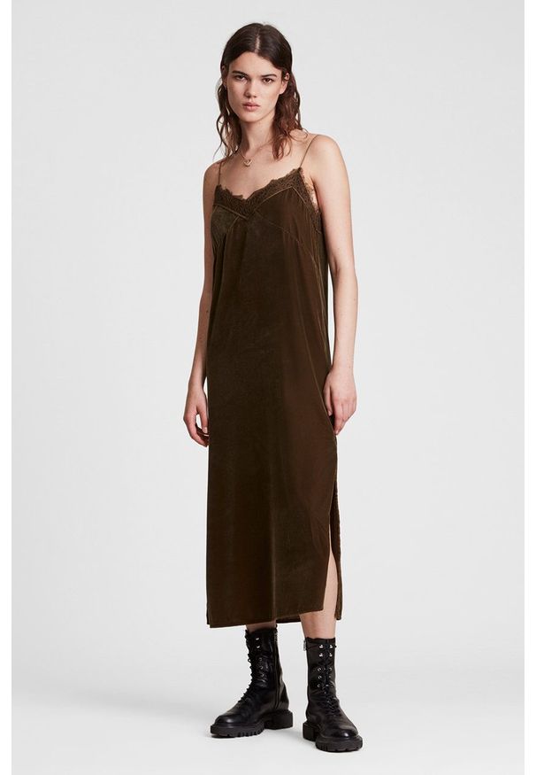 AllSaints Sukienka kolor zielony midi prosta. Okazja: na co dzień. Kolor: zielony. Materiał: koronka. Długość rękawa: na ramiączkach. Typ sukienki: proste. Styl: casual. Długość: midi