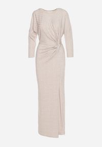 Born2be - Beżowa Sukienka z Wiskozą Ozdobiona Wiązaniem i Metaliczną Nicią Ellinira. Okazja: na co dzień. Kolor: beżowy. Materiał: wiskoza. Wzór: aplikacja. Typ sukienki: proste. Styl: casual, elegancki #3