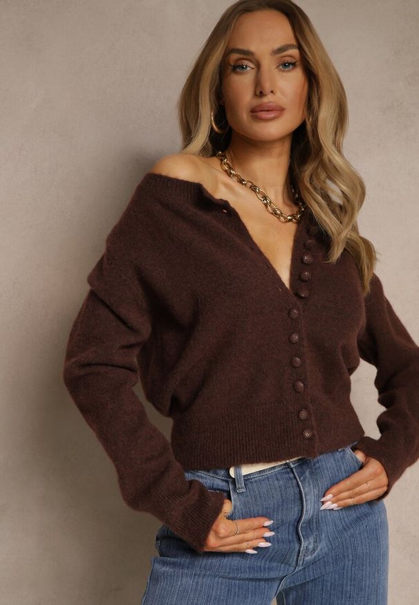 Renee - Brązowy Rozpinany Kardigan z Wełną Kornelira. Okazja: na co dzień. Kolor: brązowy. Materiał: wełna. Styl: casual, elegancki