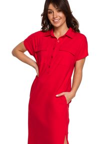 Be Active - Sukienka koszulowa na lato szmizjerka z kołnierzykiem czerwona bawełna. Okazja: do pracy. Kolor: czerwony. Materiał: bawełna. Sezon: lato. Typ sukienki: szmizjerki, koszulowe #1