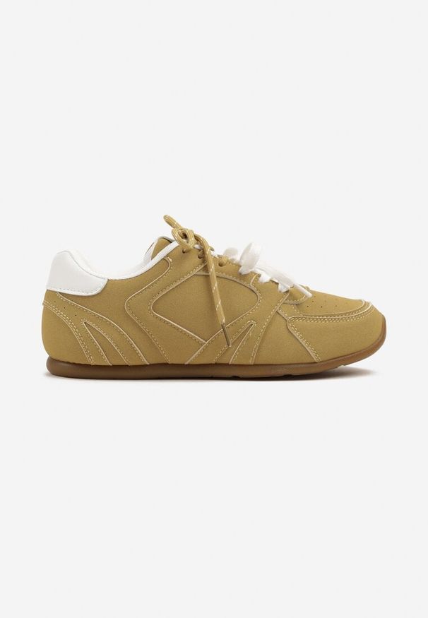Renee - Żółte Sneakersy Ozdobione Przeszyciami i Podwójnym Sznurowaniem Telisaria. Okazja: na co dzień. Zapięcie: sznurówki. Kolor: żółty. Materiał: jeans. Wzór: aplikacja
