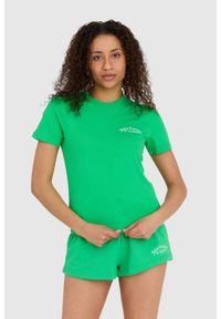 Juicy Couture - JUICY COUTURE Zielony t-shirt damski haylee recycled z haftowanym logo. Kolor: zielony. Wzór: haft #1