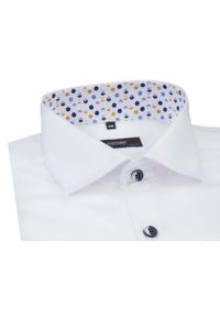 Mmer / Villaro - Koszule męskie - Biała koszula Mmer z wykończeniami w kolorowe kropki A092. Kolor: biały. Materiał: bawełna, tkanina. Długość: długie. Wzór: kolorowy, kropki #1