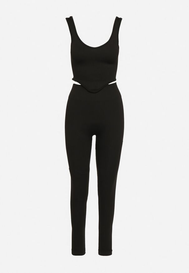 Born2be - Czarny Prążkowany Komplet Sportowy Top na Ramiączkach i Legginsy Adranila. Kolor: czarny. Materiał: prążkowany