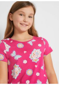 bonprix - Sukienka shirtowa z bawełny organicznej. Kolor: różowy. Materiał: bawełna. Długość rękawa: krótki rękaw. Wzór: gładki, nadruk, kwiaty #2