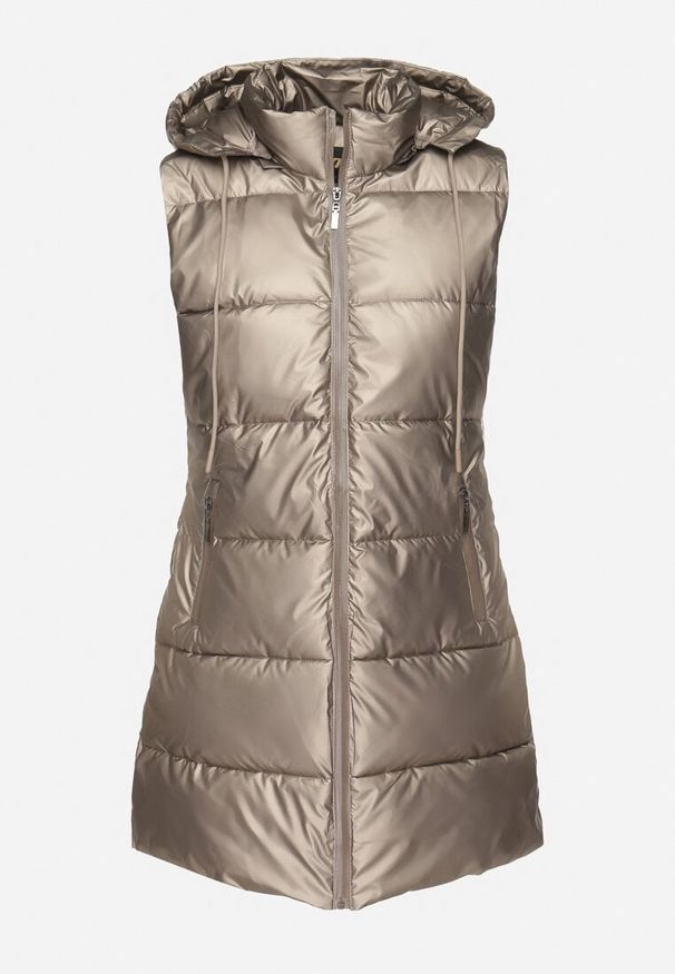 Born2be - Złota Pikowana Kamizelka Przejściowa z Kapturem i Kieszeniami Lentira. Okazja: na co dzień. Typ kołnierza: kaptur. Kolor: złoty. Materiał: jeans. Styl: klasyczny, casual