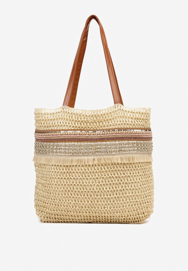 Renee - Beżowa Jednokomorowa Torebka Shopperka w Stylu Boho Wykończona Frędzlami Rivelae. Kolor: beżowy. Sezon: lato. Dodatki: z frędzlami. Styl: boho. Rodzaj torebki: na ramię