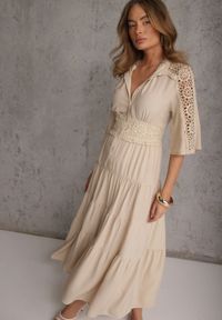 Renee - Beżowa Boho Sukienka z Wiskozą o Rozkloszowanym Kroju z Ażurowymi Wstawkami Idacea. Okazja: na co dzień. Kolor: beżowy. Materiał: wiskoza. Wzór: ażurowy. Typ sukienki: proste. Styl: boho #1