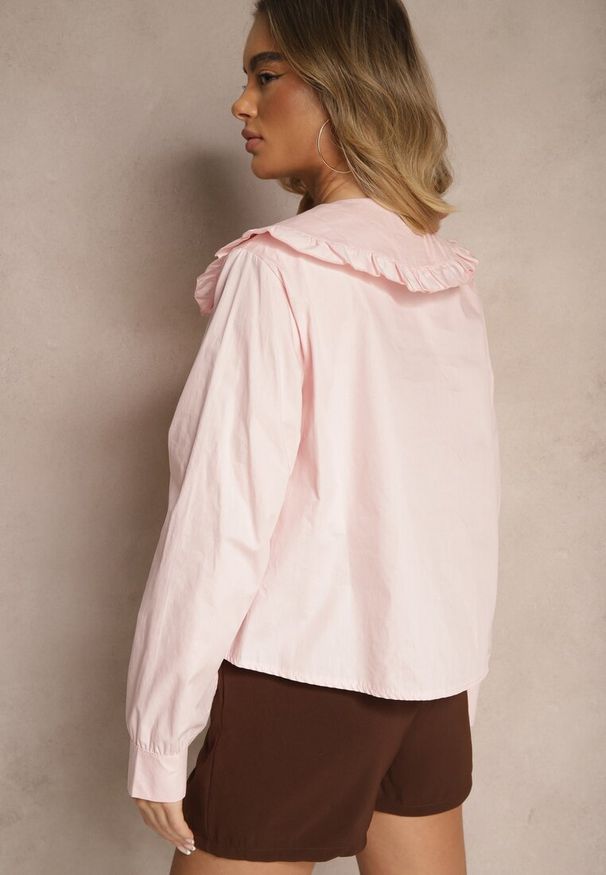 Renee - Różowa Bawełniana Koszula z Ozdobnym Kołnierzykiem Rulinea. Okazja: na co dzień. Kolor: różowy. Materiał: bawełna. Styl: casual, elegancki