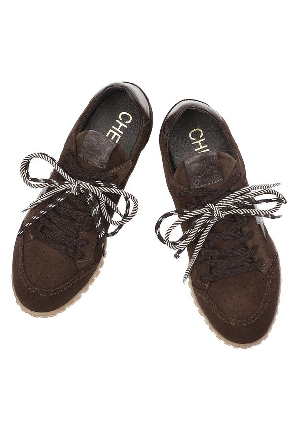 CheBello - Sneakersy damskie Chebello, na płaskiej podeszwie skórzane sznurowane i z okrągłym noskiem, brązowe, 4862. Okazja: na co dzień. Nosek buta: okrągły. Kolor: brązowy. Materiał: skóra. Obcas: na płaskiej podeszwie