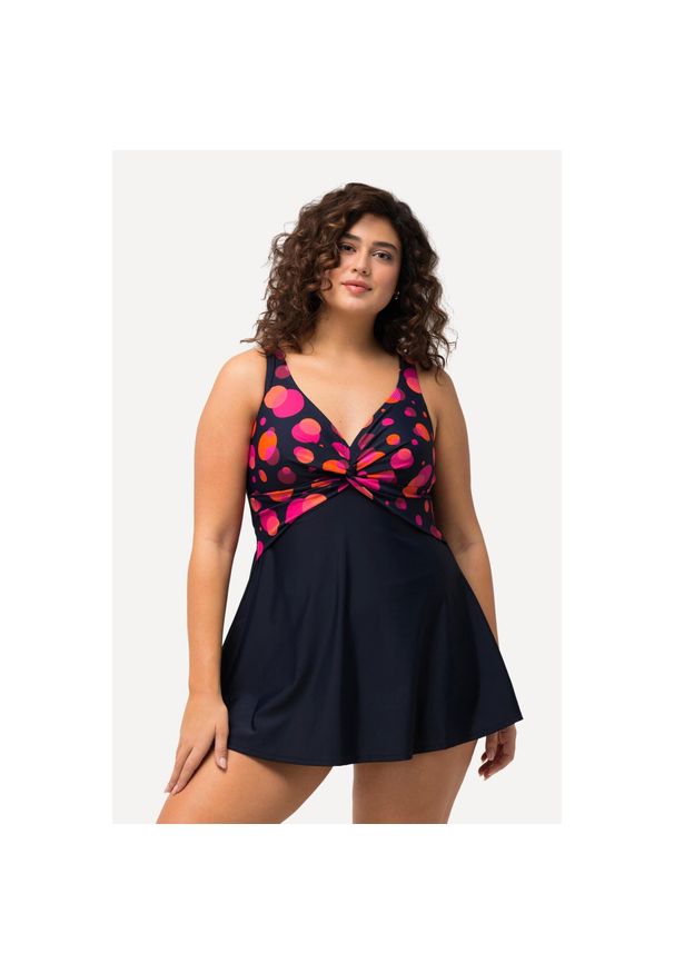 ULLA POPKEN - Damska Sukienka Kąpielowa kropki ozdobna kokardka miękkie miseczki. Kolekcja: plus size. Kolor: niebieski. Materiał: poliamid. Wzór: kropki