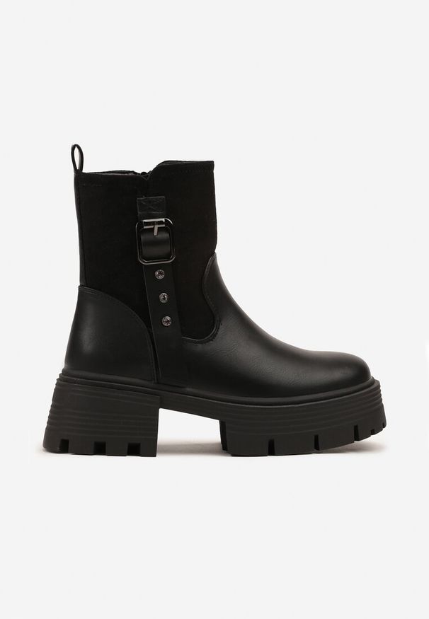 Born2be - Czarne Botki na Grubym Obcasie i Platformie z Klamrą Tulesa. Okazja: na co dzień. Zapięcie: klamry. Kolor: czarny. Materiał: jeans. Obcas: na obcasie. Styl: elegancki, casual, klasyczny. Wysokość obcasa: średni
