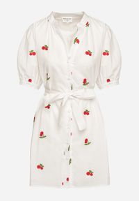 Born2be - Biała Bawełniana Sukienka Koszulowa Zdobiona Haftem w Wisienki Delarmira. Okazja: na co dzień. Typ kołnierza: dekolt w serek. Kolor: biały. Materiał: bawełna. Wzór: aplikacja, haft. Typ sukienki: koszulowe. Styl: casual, elegancki #7