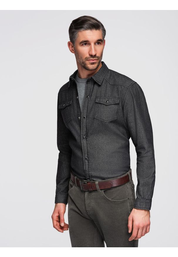 Ombre Clothing - Koszula męska jeansowa na zatrzaski z kieszonkami - czarna V3 - Rozmiar: XXL. Okazja: na co dzień, do pracy. Typ kołnierza: kołnierzyk klasyczny. Kolor: czarny. Materiał: jeans. Długość rękawa: długi rękaw. Długość: długie. Wzór: gładki. Styl: casual, klasyczny