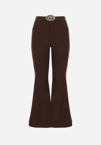 Born2be - Brązowe Spodnie Dzwony z Bawełny i Wiskozy z Kowbojskim Paskiem Tushella. Kolor: brązowy. Materiał: bawełna, wiskoza. Styl: klasyczny, elegancki #3