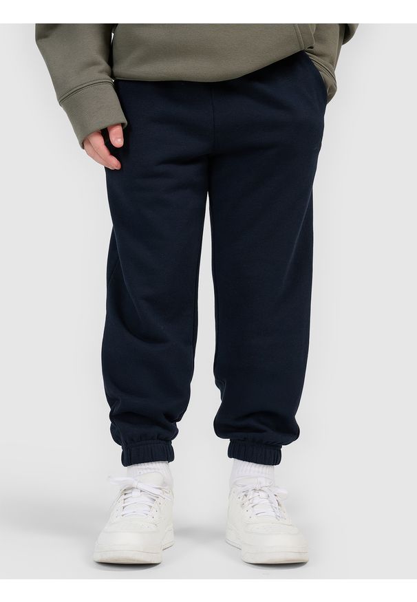 4f - 4F Spodnie dresowe joggery chłopięce - granatowe 122 (6-7 lat). Okazja: na co dzień. Kolor: niebieski. Materiał: dresówka. Wzór: gładki, ze splotem. Sezon: lato. Styl: młodzieżowy, casual, sportowy