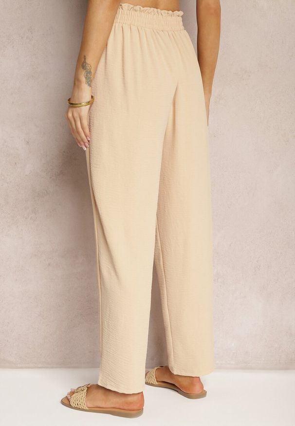 Renee - Beżowe Spodnie High Waist Wiązane w Pasie Wykończone Gumką w Talii Dimixi. Okazja: na co dzień. Stan: podwyższony. Kolor: beżowy. Styl: casual
