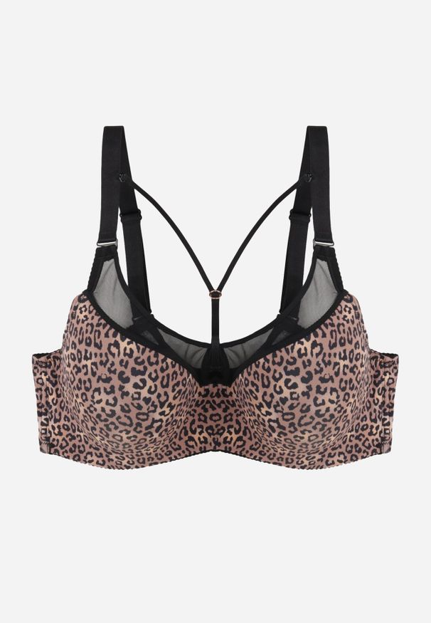 Born2be - Ciemnobrązowy Biustonosz z Ozdobną Siateczką i Paseczkami przy Dekolcie Anesa. Kolor: brązowy