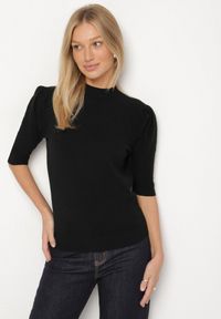 Born2be - Czarny T-shirt z Ażurowymi Rękawami Unessea. Okazja: do pracy, na co dzień. Kolor: czarny. Materiał: skóra, jeans. Wzór: ażurowy. Styl: casual, klasyczny #7