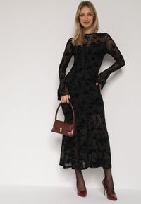 Born2be - Czarna Siateczkowa Sukienka Wieczorowa VICES z Welurowym Wzorem Jilney. Okazja: na randkę. Kolor: czarny. Materiał: welur. Styl: wizytowy #3