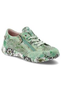 Sneakersy damskie Laura Vita, elastyczne sznurowanie oraz podwyższona podeszwa z nadrukiem na obwodzie, zielone, 06 SL3015-6G. Okazja: na co dzień. Zapięcie: sznurówki. Kolor: zielony. Materiał: jeans. Wzór: nadruk. Sezon: wiosna, lato. Styl: casual #8