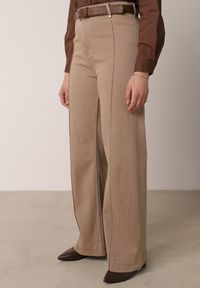 Born2be - Beżowe Szerokie Jeansy z Bawełny z Wysokim Stanem i Pionowymi Przeszyciami Keperise. Okazja: na co dzień. Stan: podwyższony. Kolor: beżowy. Styl: casual, elegancki, klasyczny #4