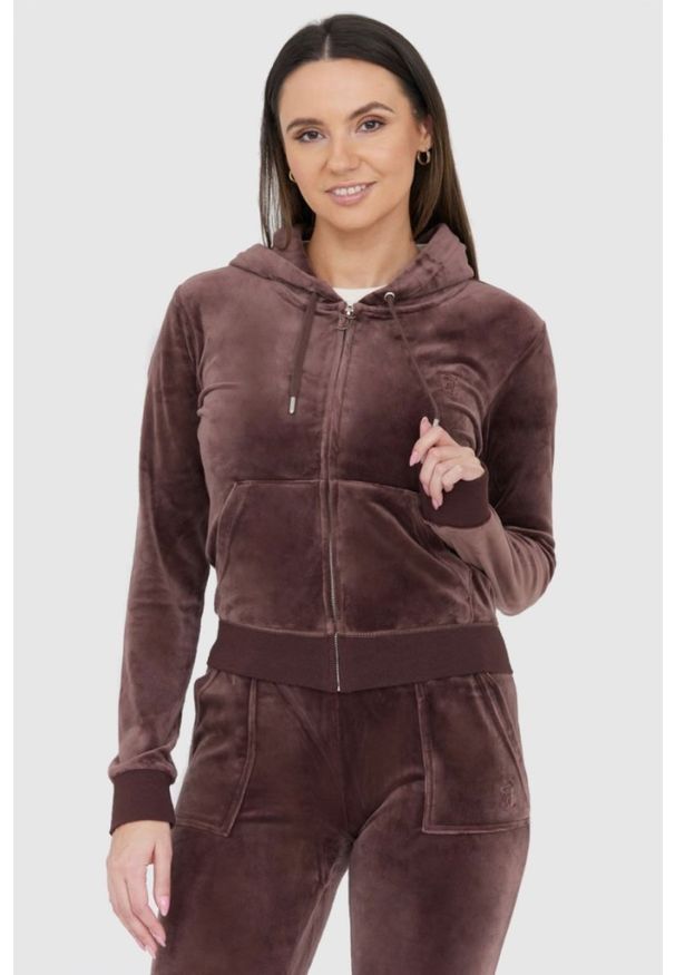 Juicy Couture - JUICY COUTURE Brązowa bluza damska rozpinana z weluru, Rozmiar M. Kolor: brązowy. Materiał: welur